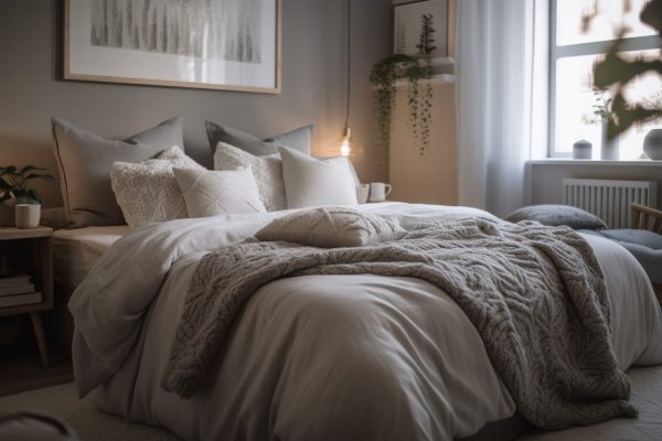 Cozy luxury bedroom with modern elegance and comfort generated by artificial intelligence