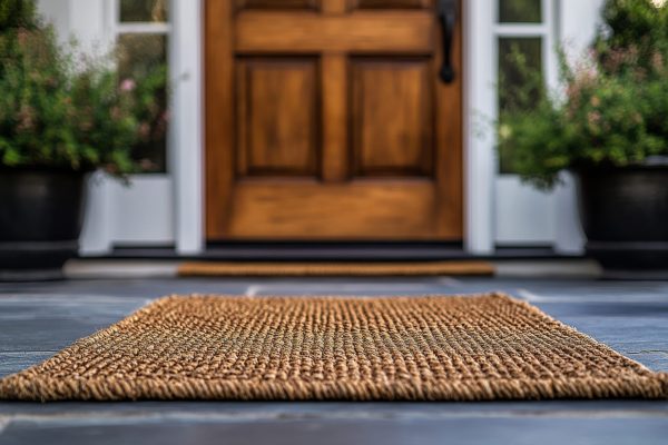 A doormat sits prominently on a tiled porch, leading to a dark blue front door surrounded by warm hues of sunset light, showcasing a welcoming suburban atmosphere.